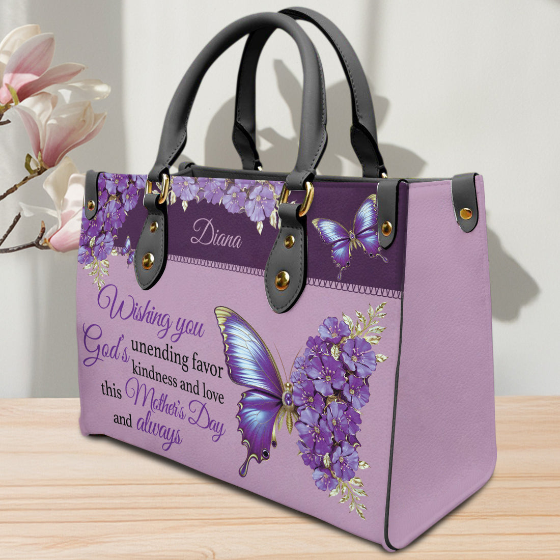 HB97 - Personalized Christian Mother’s Day Handbag – Purple Butterfly Floral Gift for Mom with Custom Name