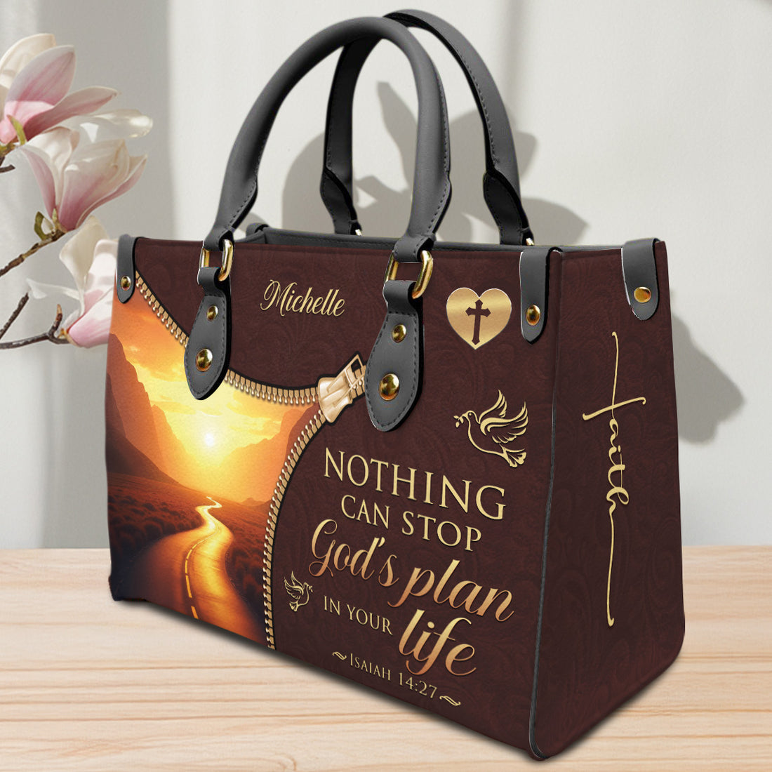 HB07-Christian PU Leather Handbag for Women - Faith-Based Leather Purse - Nothing Can Stop God's Plan - Bible Verse Isaiah 14:27 Gift for Her