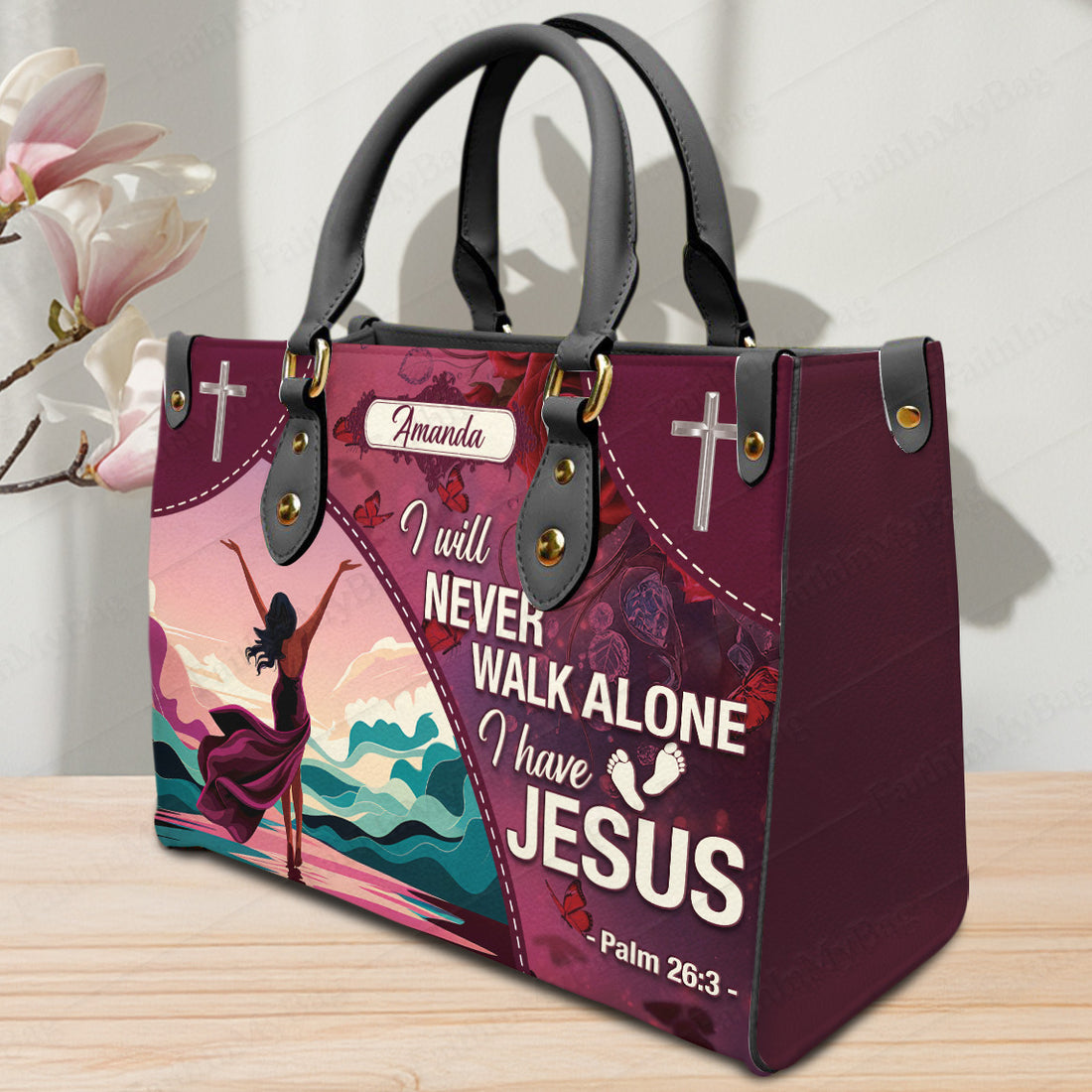 HB131 - Custom Name Christian Handbag – I Will Never Walk Alone I Have Jesus – Bible Verse Purse Psalm 26:3 Faith Gift for Women