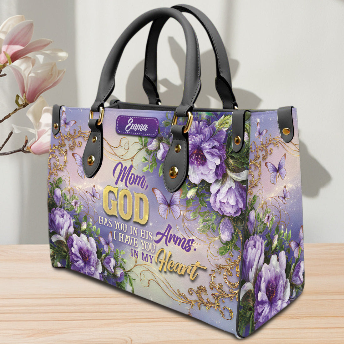 HB87 - Custom Name Christian Handbag – Mom God Has You In His Arms, Floral Faith Leather Purse, Religious Gift for Women