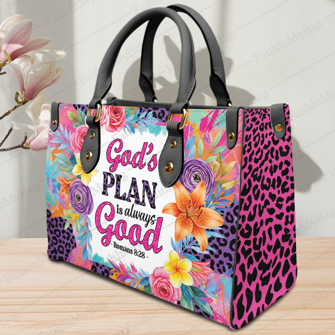 HB127 -God's Plan Christian Handbag, Bible Verse Purse with Floral Design, Custom Name Faith Gift for Her