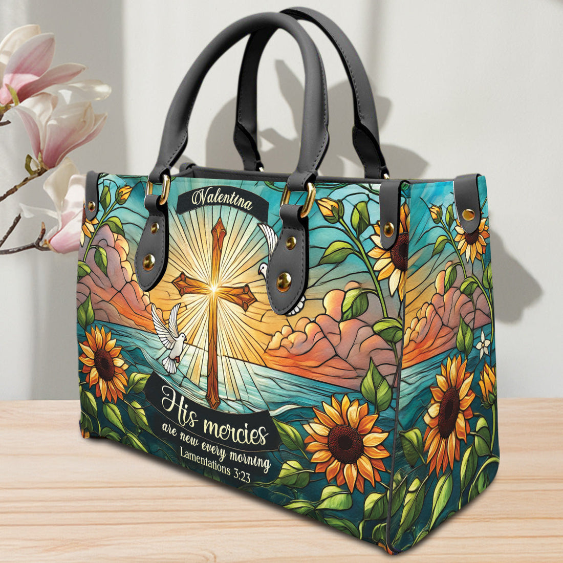 HB05-Personalized Christian Leather Handbag – His Mercies Are New Every Morning, Cross & Dove PU Leather Purse, Faith-Based Gift for Women
