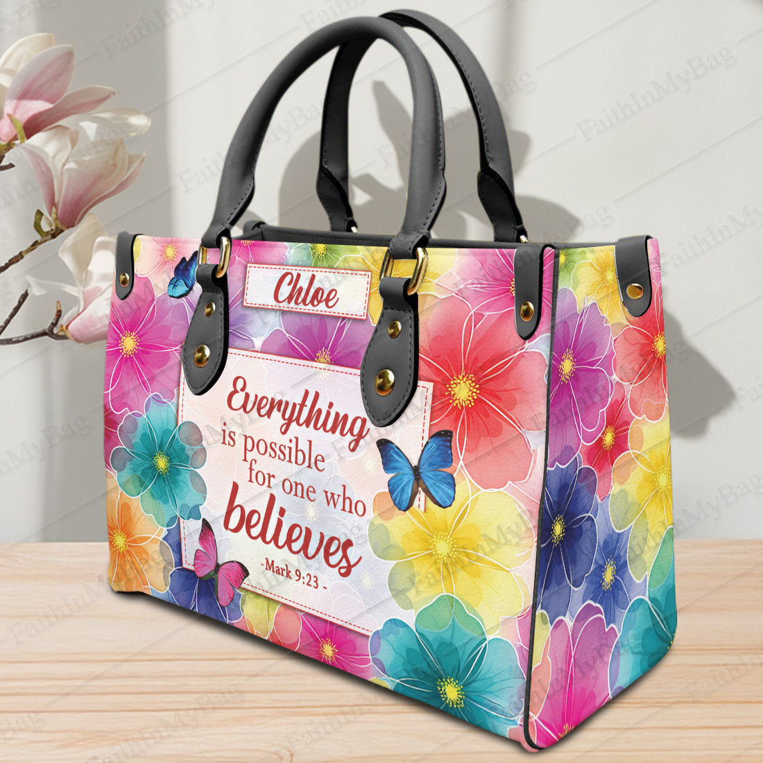 HB113 - Custom Christian Handbag with Mark 9 23 Bible Verse, Floral Faith Purse for Women, Personalized Scripture Gift