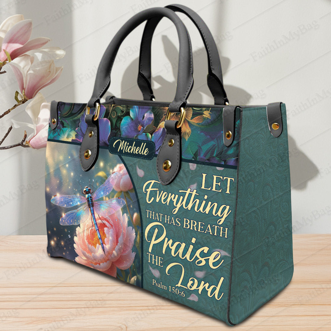 HB126 - Custom Name Christian Tote Bag for Women – Faith Handbag with Psalm 150:6, Dragonfly & Peony Art