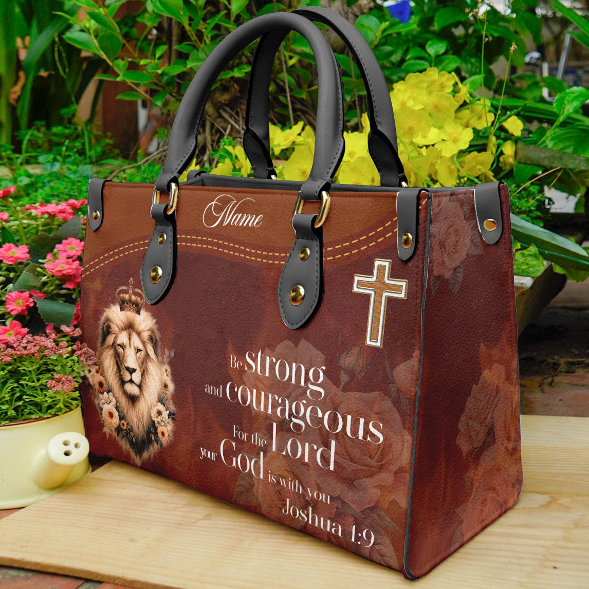 HB61-custom lion christian handbag for women, joshua 1 9 scripture purse with name, faith leather bag gift