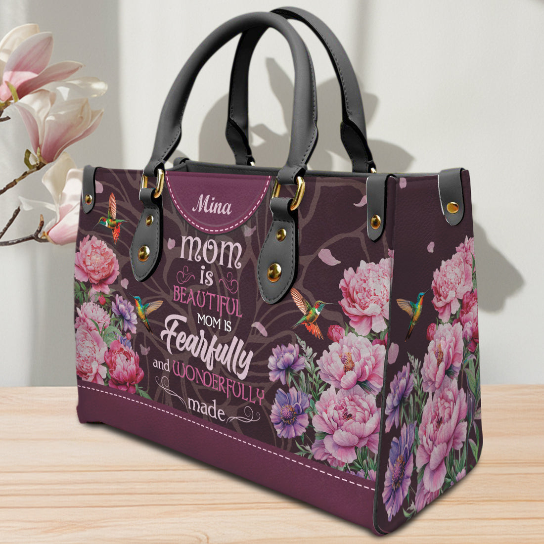 HB10-Personalized Christian Leather Handbag for Mom - PU Leather Purse with Bible Verse - Faith-Based Floral Tote Bag - Mother’s Day Gift