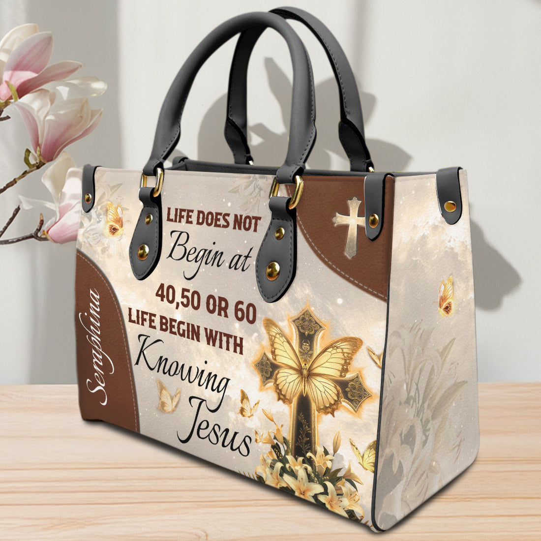 HB14-Custom Name Christian Leather Handbag – "Life Begins with Knowing Jesus" Religious Purse, Personalized Faith-Based Gift for Women