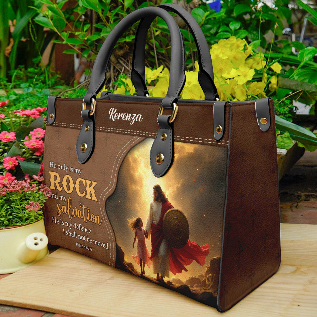 HB73-Christian Handbag with Jesus and Little Girl – Psalm 62:6 Scripture Bag – Faith-Based Purse with Custom Name – Religious Gift for Women