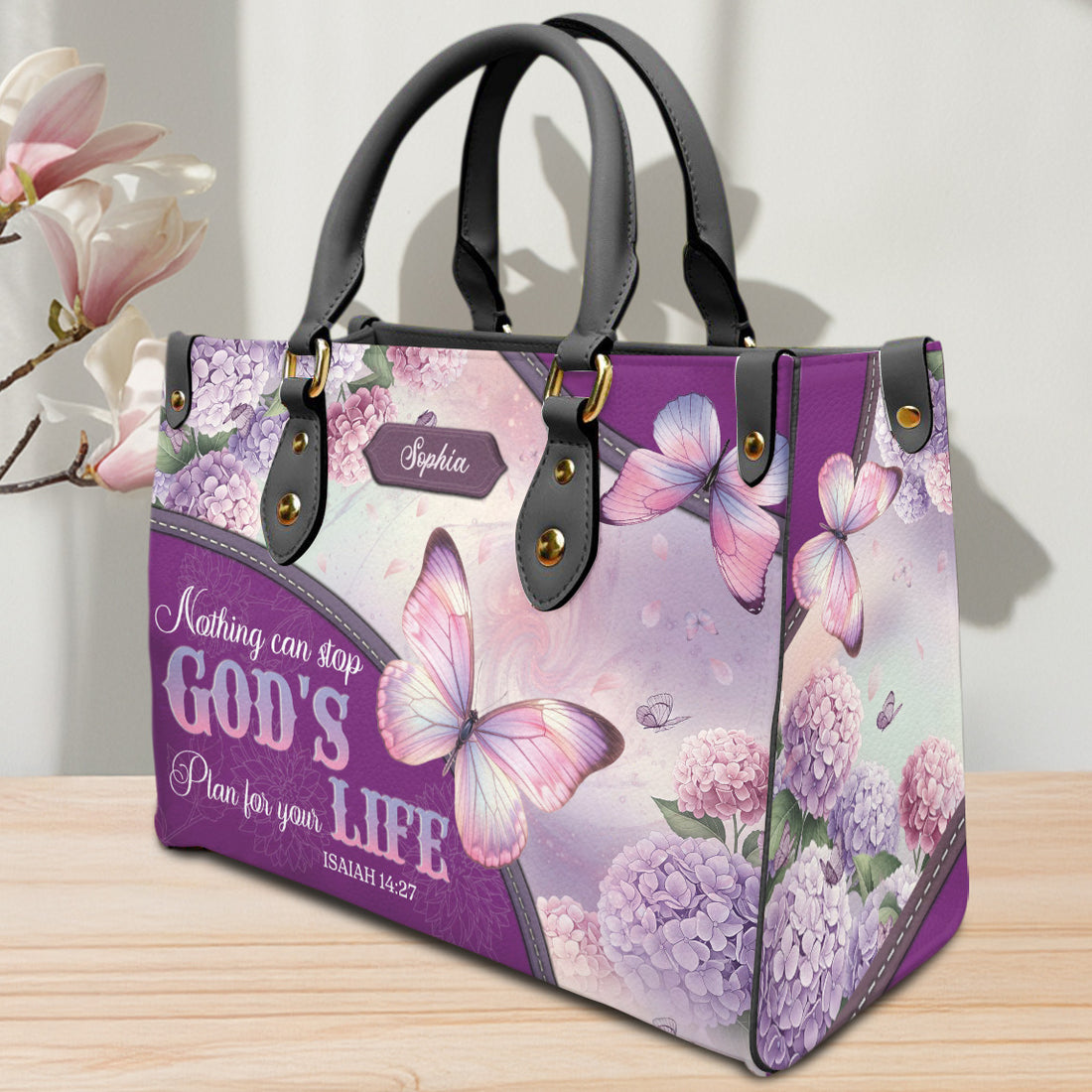 HB122 - Custom Name Christian Handbag – Butterfly Bible Verse Purse “God’s Plan” – Isaiah 14:27 Faith Gift for Women