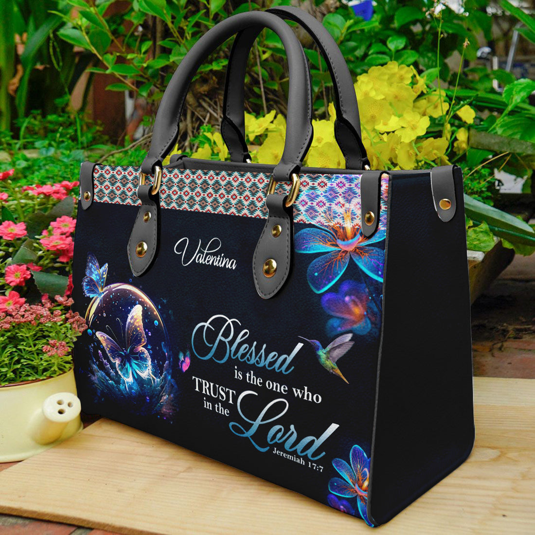 HB63-custom christian handbag for women with name, butterfly floral purse with jeremiah 17 7 verse, trust in the lord bible faith bag