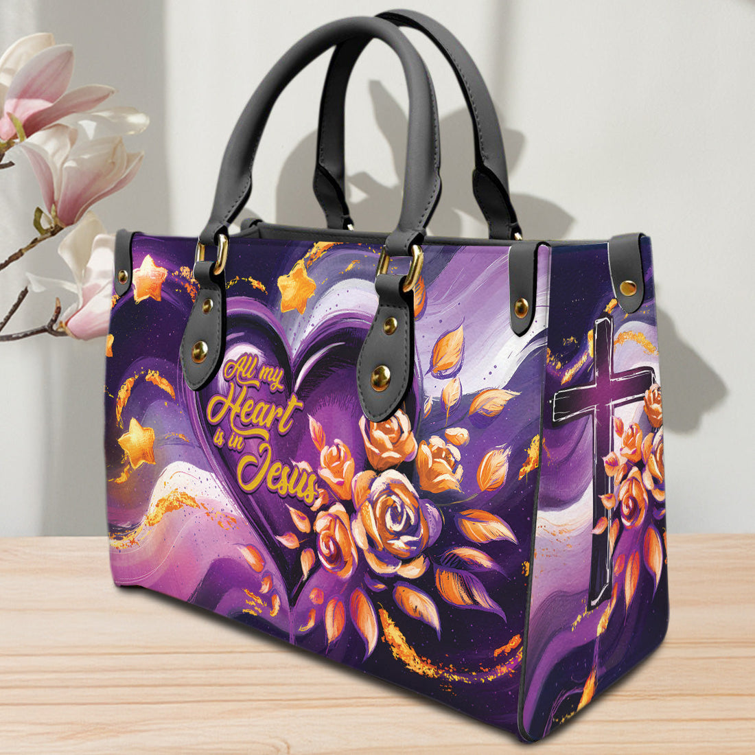 HB55-personalized jesus handbag for women, faith based heart purse with floral design, custom name christian gift, purple leather tote