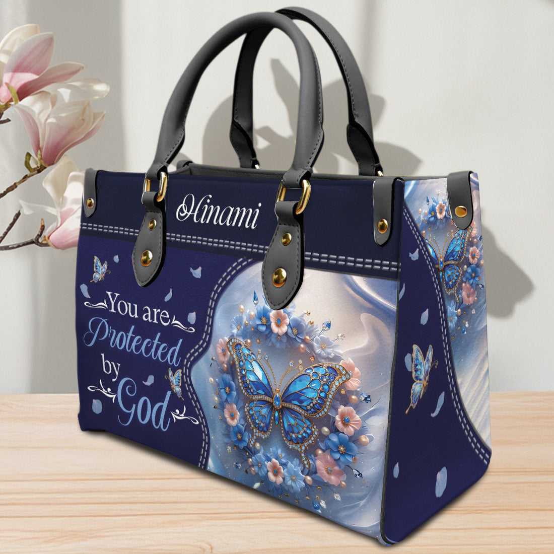 HB06-Christian PU Leather Handbag for Women – You Are Protected by God, Blue Butterfly Crossbody Tote, Faith-Based Gift, Stylish Purse