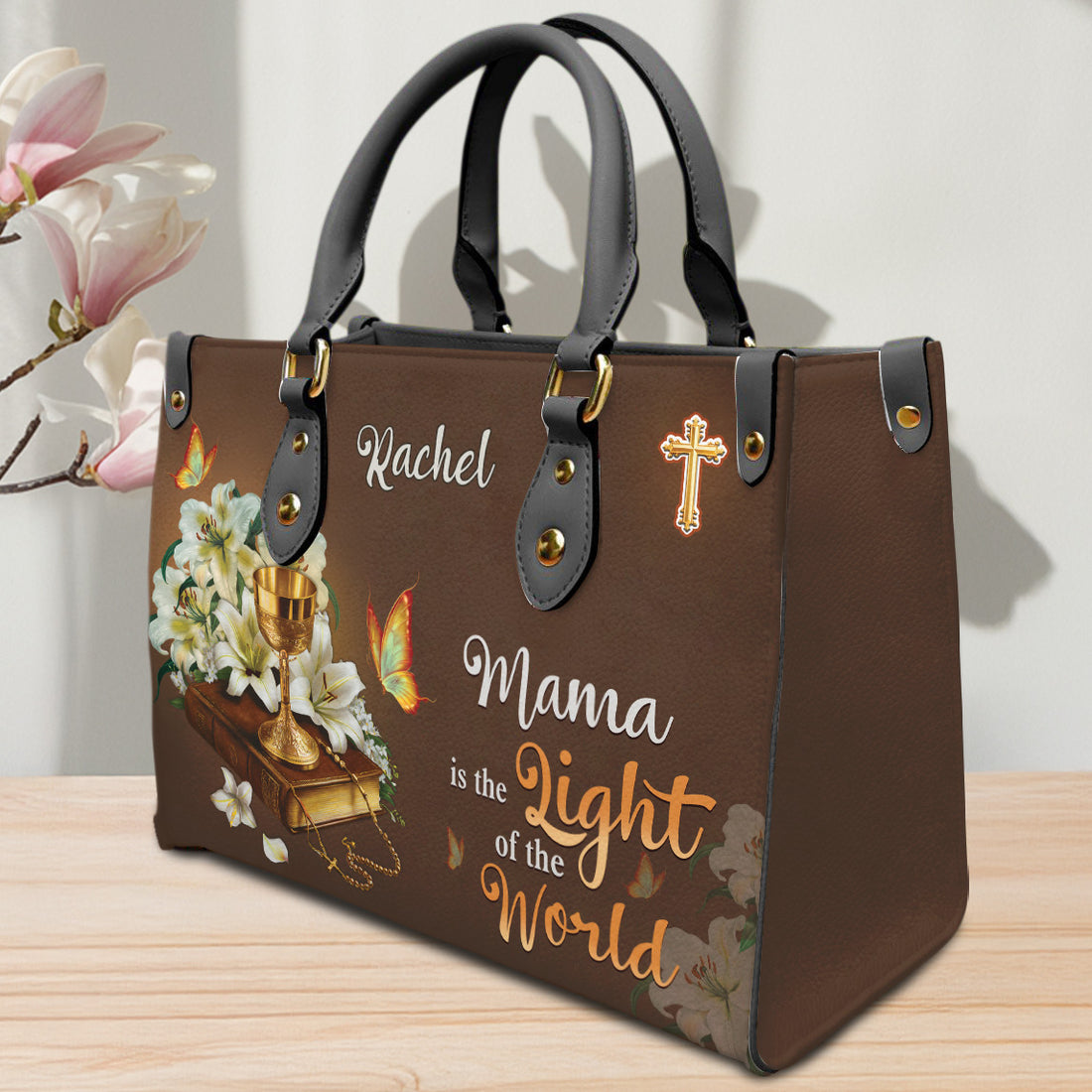 HB04-Personalized Christian PU Leather Handbag for Mom – Religious Tote with Bible, Chalice & Flowers – Faith-Based Gift for Mother's Day