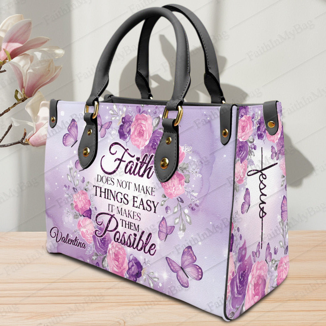 HB32-Personalized Faith PU Leather Handbag–Custom Name Christian Tote, Religious Butterfly Floral Purse, Inspirational Bible Verse Gift for Women