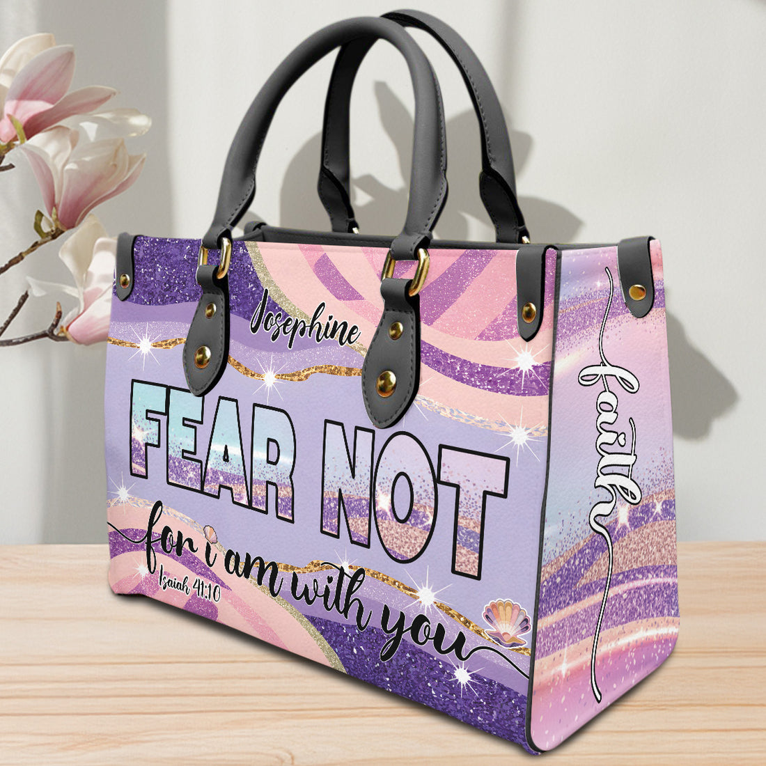 HB125 -Fear Not Bible Verse Handbag, Isaiah 41:10 Christian Tote, Custom Name Faith Purse, Inspirational Scripture Gift for Women