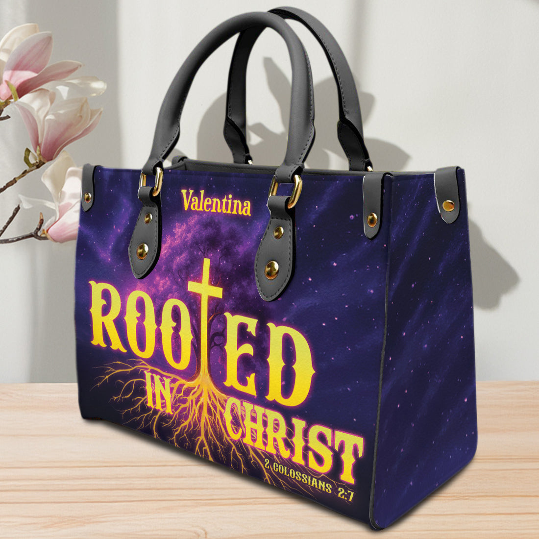 HB27-Personalized Christian Handbag - Rooted in Christ Purse for Women, Religious Faith Gift, Bible Verse Bag, Custom Name Tote