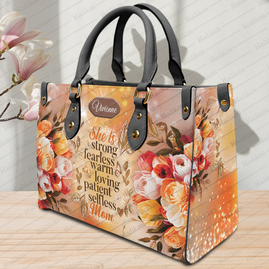 HB91 - Custom Name Floral Handbag for Mom – Strong Fearless Loving Quote Purse – Personalized Mother’s Day Gift – Elegant Christian Tote Bag