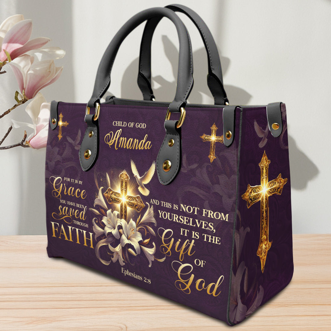 HB67-grace through faith christian handbag, personalized bible verse purse with name, ephesians 2:8 cross gift for religious women