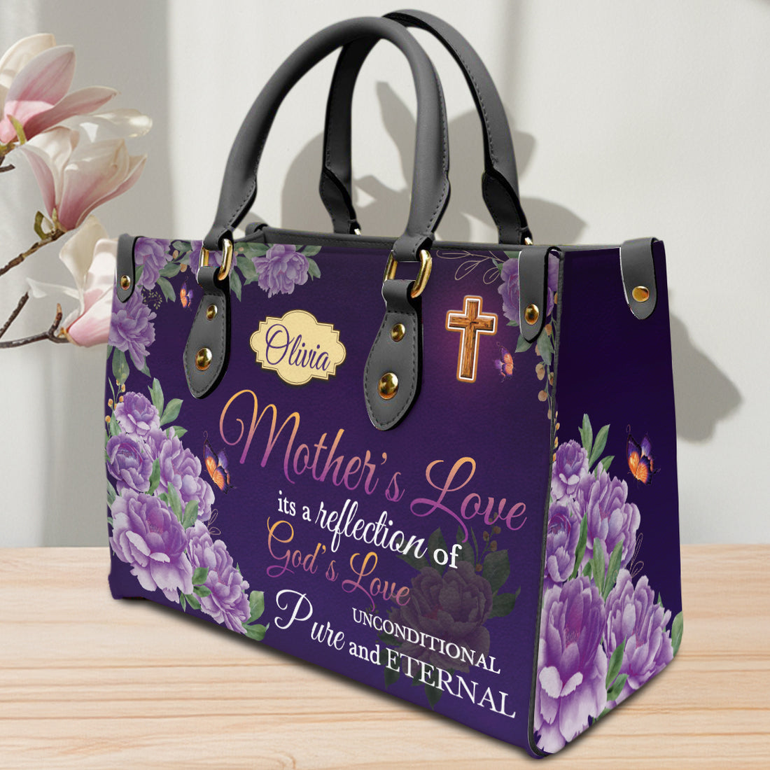 HB53-personalized christian handbag with floral design, custom name faith purse for mom, purple pu leather religious gift