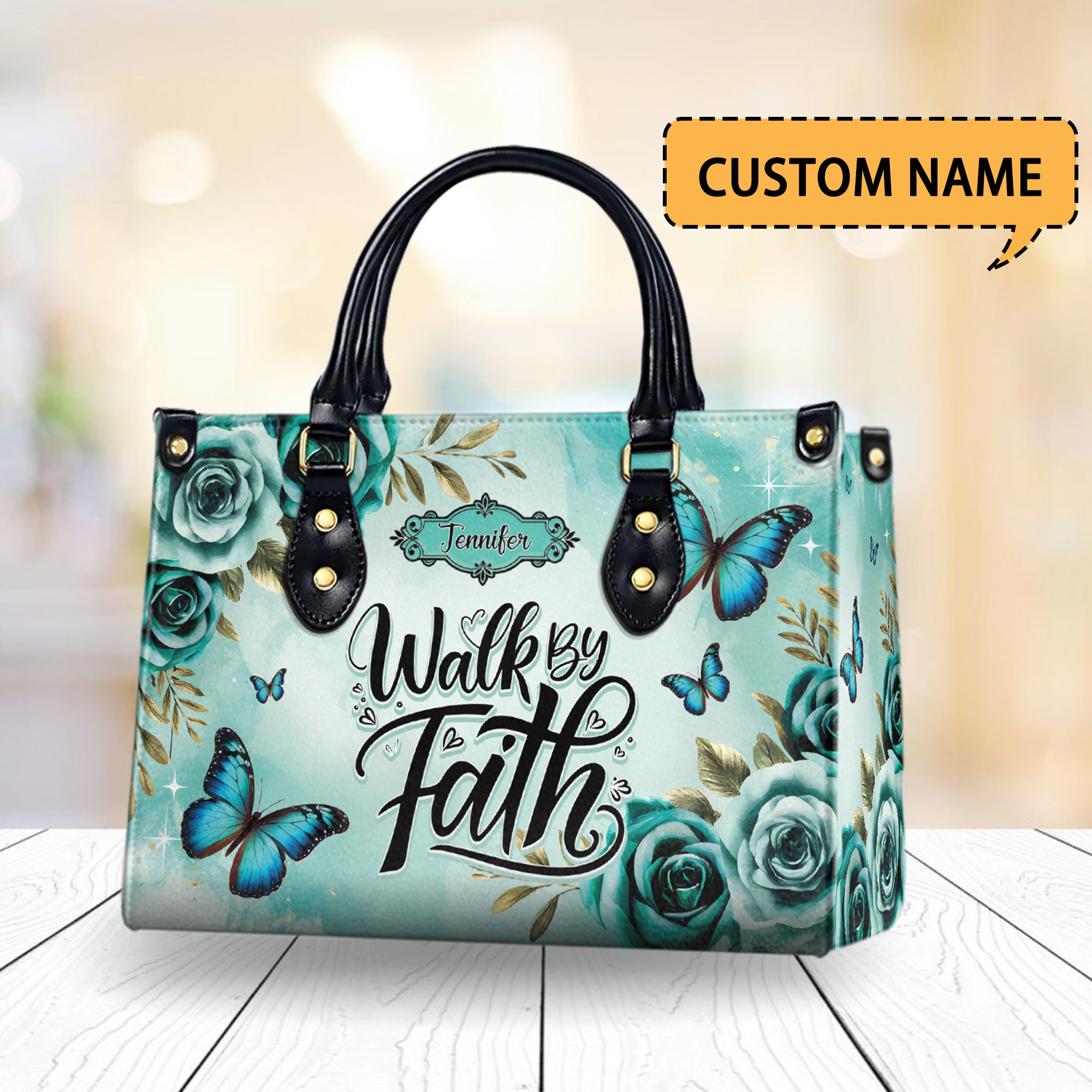 HB22-personalized christian handbag – walk by faith butterfly purse – teal floral religious gift for women