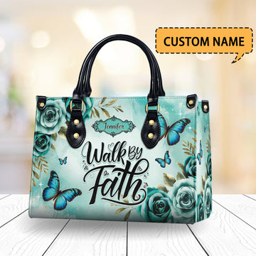 HB22-personalized christian handbag – walk by faith butterfly purse – teal floral religious gift for women