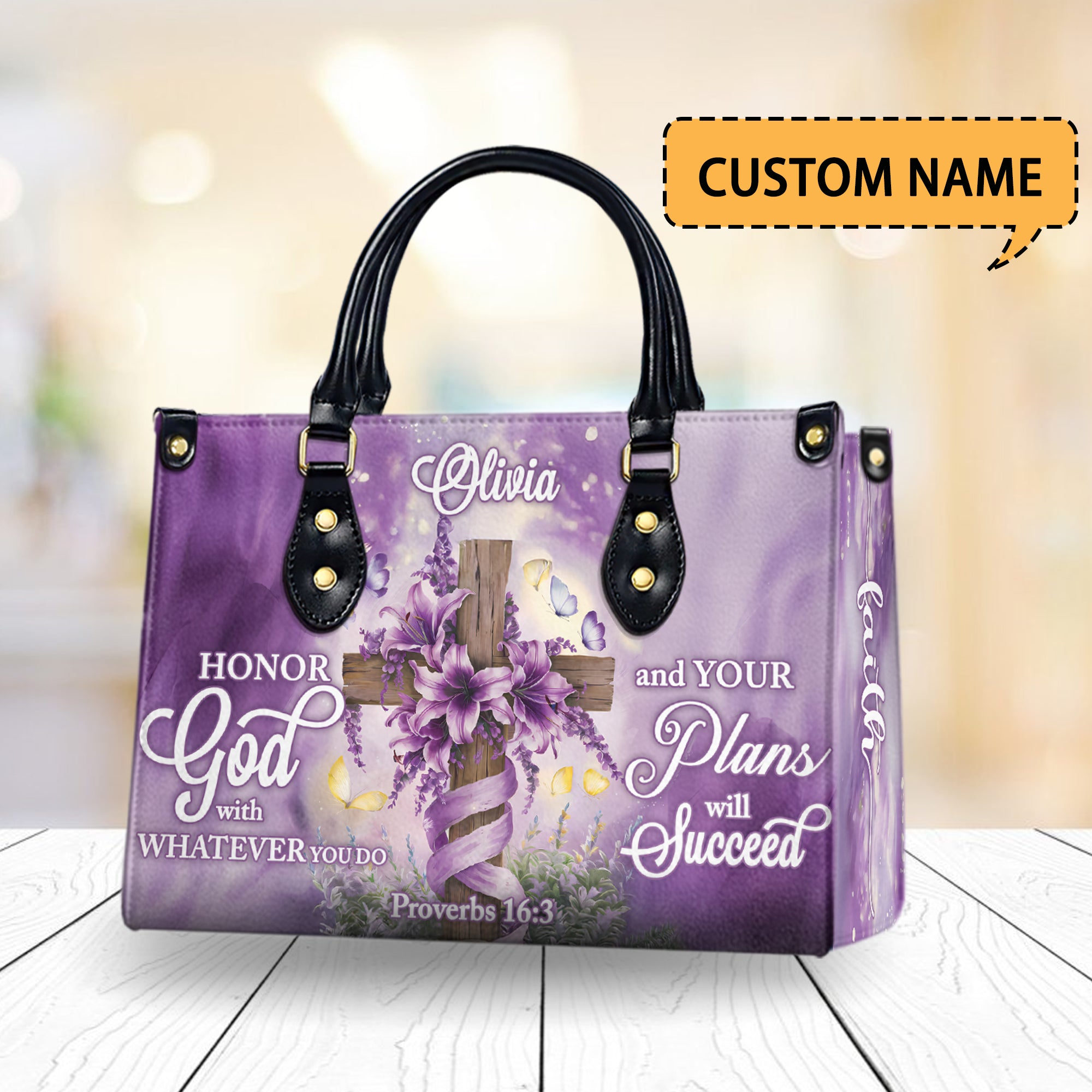 HB74-Custom Christian Handbag for Women - Proverbs 16:3 Bible Verse Purse - Personalized Faith Bag with Cross and Name - Gift for Her
