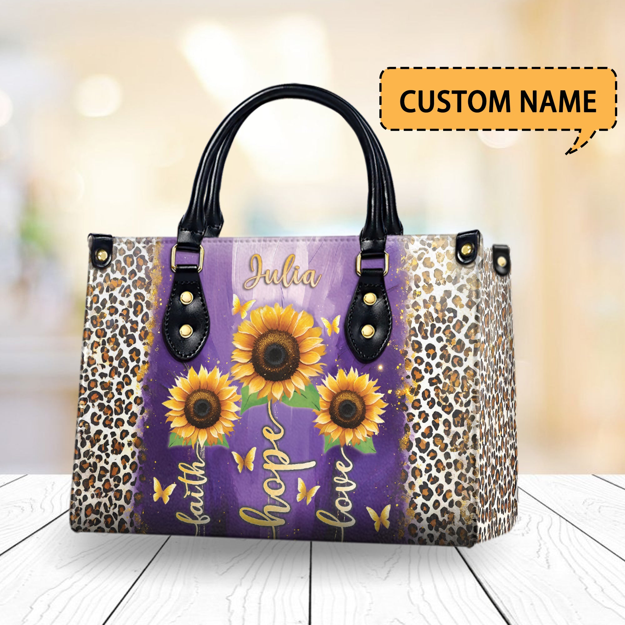 HB19-Personalized Christian Handbag – Faith Hope Love Tote – Purple Sunflower Leopard Purse – Inspirational Gift for Women