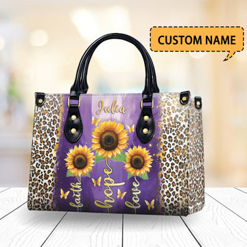 HB19-Personalized Christian Handbag – Faith Hope Love Tote – Purple Sunflower Leopard Purse – Inspirational Gift for Women