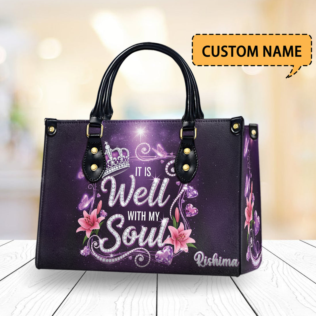 HB107 -It Is Well With My Soul, Christian Handbag, Custom Name, Faith Inspired Leather Purse, Crown and Floral Design