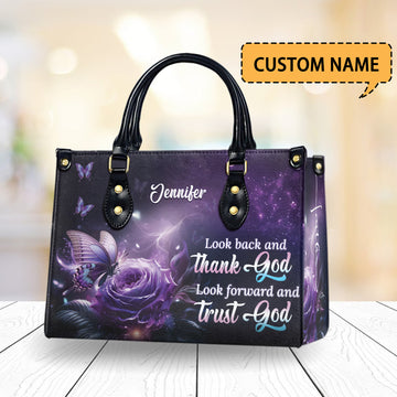HB18-Personalized Christian Handbag - Thank God & Trust God Tote - Purple Butterfly Rose Purse - Faith Inspirational Gift for Women