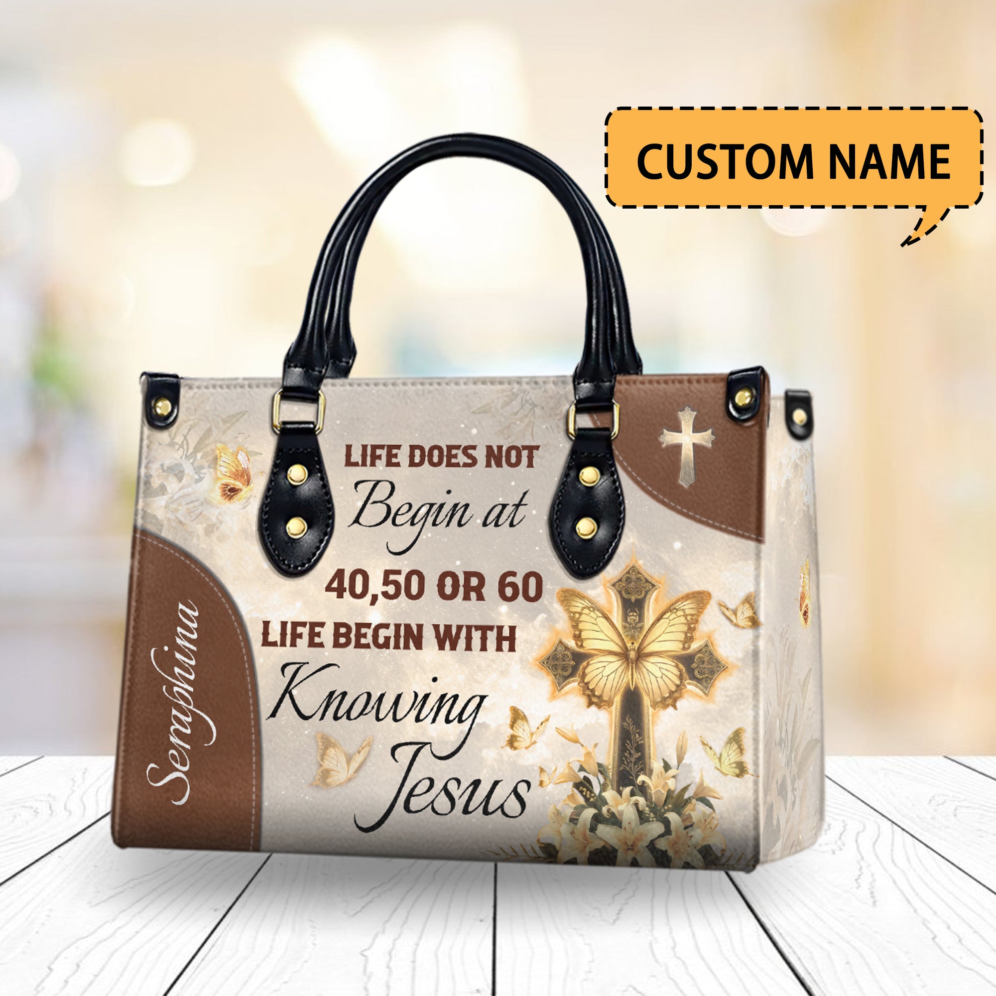 HB14-Custom Name Christian Leather Handbag – "Life Begins with Knowing Jesus" Religious Purse, Personalized Faith-Based Gift for Women