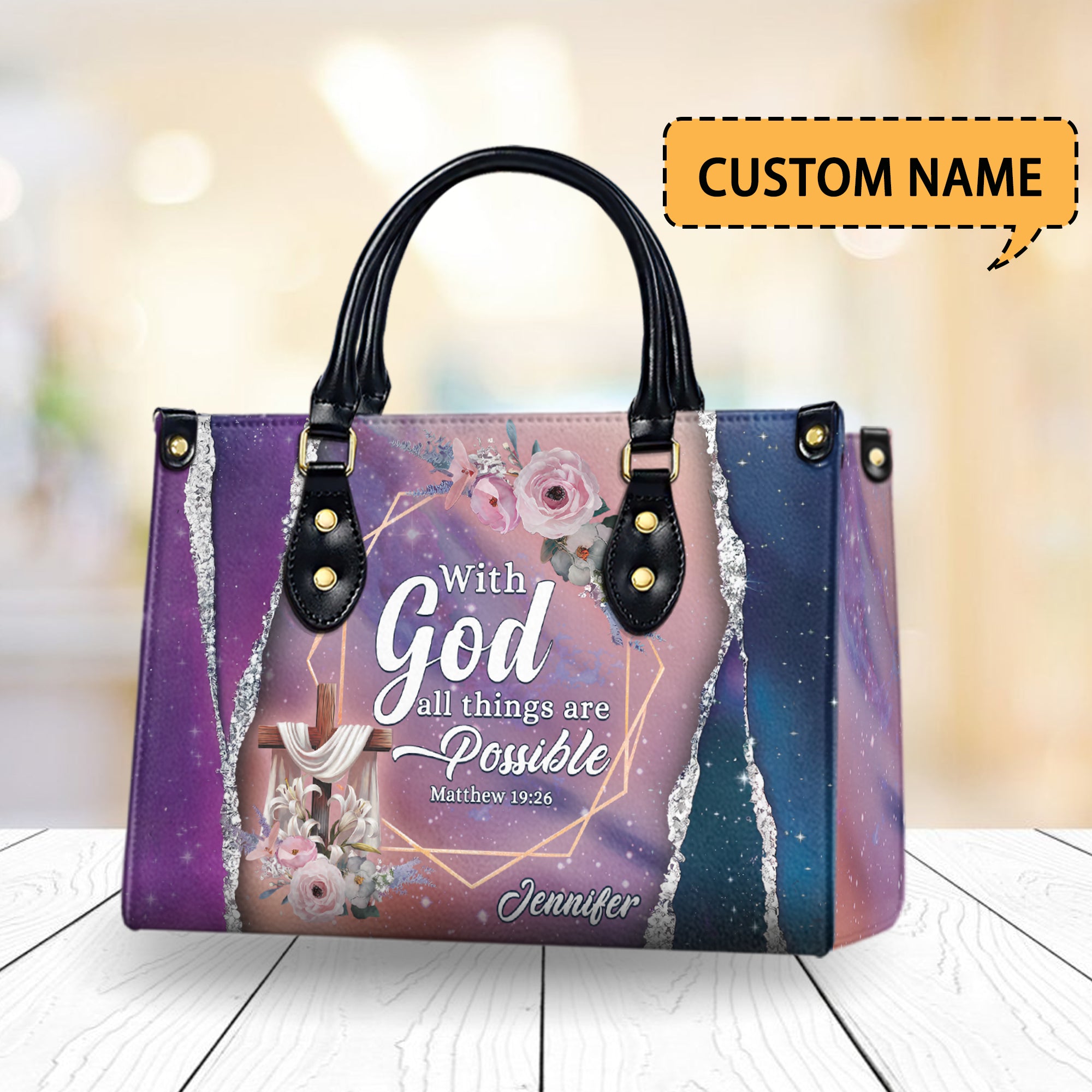 HB39-With God All Things Are Possible Handbag, Personalized Christian Leather Purse for Women, Matthew 19:26 Bible Verse Gift, Faith Tote Bag
