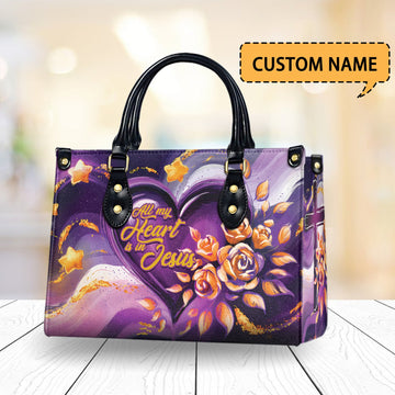 HB55-personalized jesus handbag for women, faith based heart purse with floral design, custom name christian gift, purple leather tote