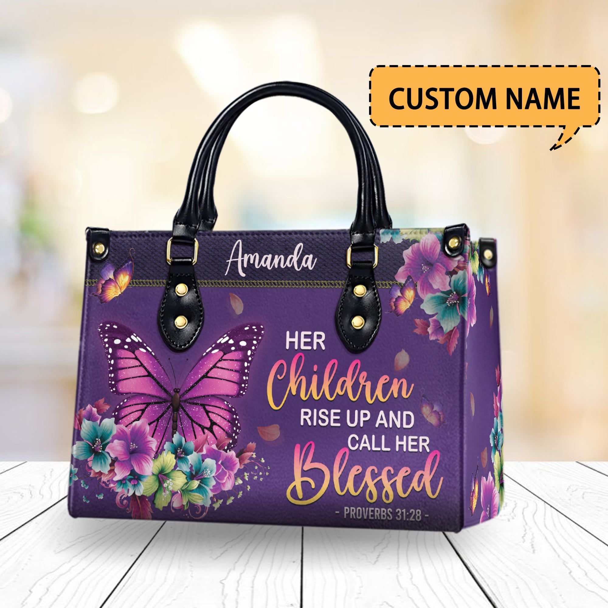 HB15-Custom Name Christian Leather Handbag – Personalized Religious Handbag for Women, Christian Cross & Butterfly Bag, Faith-Based Gift for Her