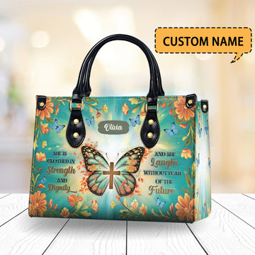 HB17-Custom Name Christian Leather Handbag - Faith Butterfly Bag, Bible Verse, Cross, Personalized Religious Gift for Women, Mom, Jesus Lovers.