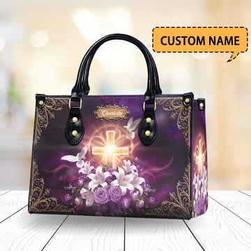 HB37-Personalized Christian Cross Handbag for Women, Custom Faith Purse with Dove and Floral Design, Religious Gift, Spiritual Tote Bag