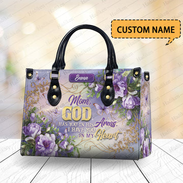 HB87 - Custom Name Christian Handbag – Mom God Has You In His Arms, Floral Faith Leather Purse, Religious Gift for Women