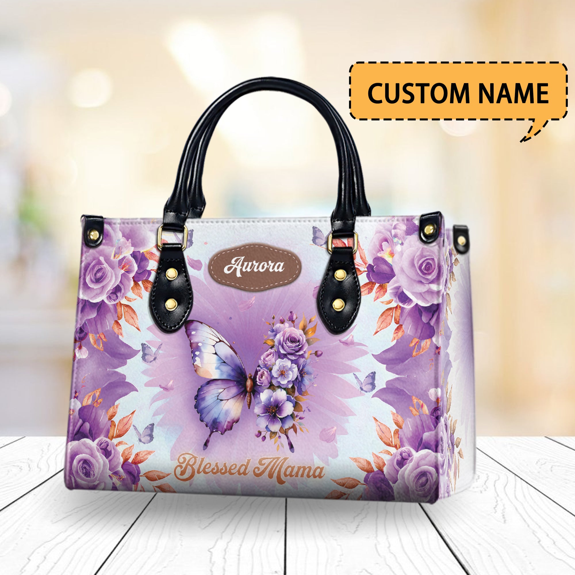 HB13-Personalized "Blessed Mama" Leather Handbag – Custom Name Gift for Mom, Christian Mother's Day Handbag