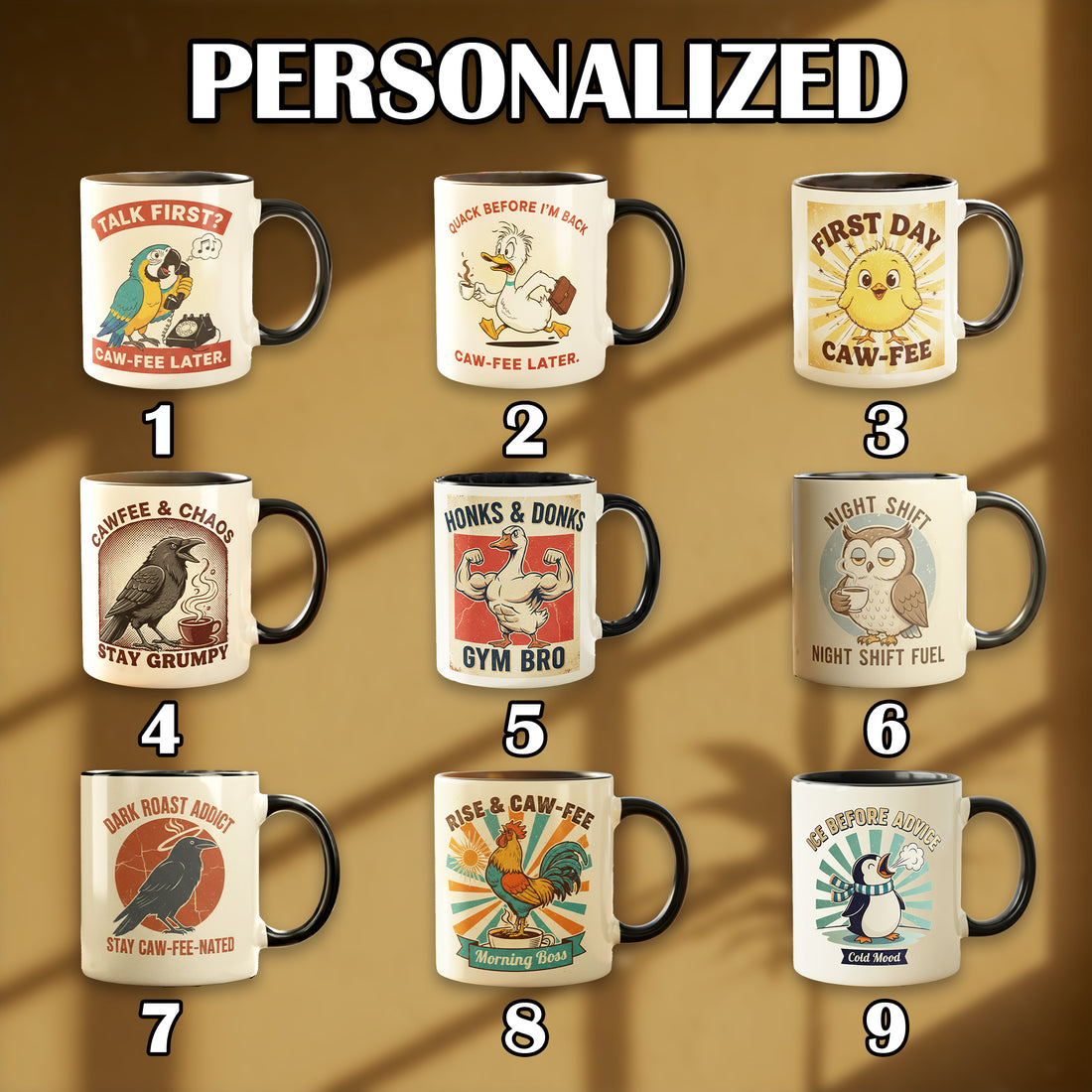 Personalized Funny Animal Mug, Custom Name Coffee Cup, Retro Bird Duck Owl Design, Vintage Farm Caw-Fee Pun Mug, Cute Humor Gift for Friends| Mug 47