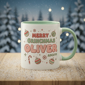 Merry Grinchmas Personalized Mug – Custom Name Christmas Coffee Cup, Cute Holiday Grinch Gift, Kids & Family Xmas Mug| Mug 09