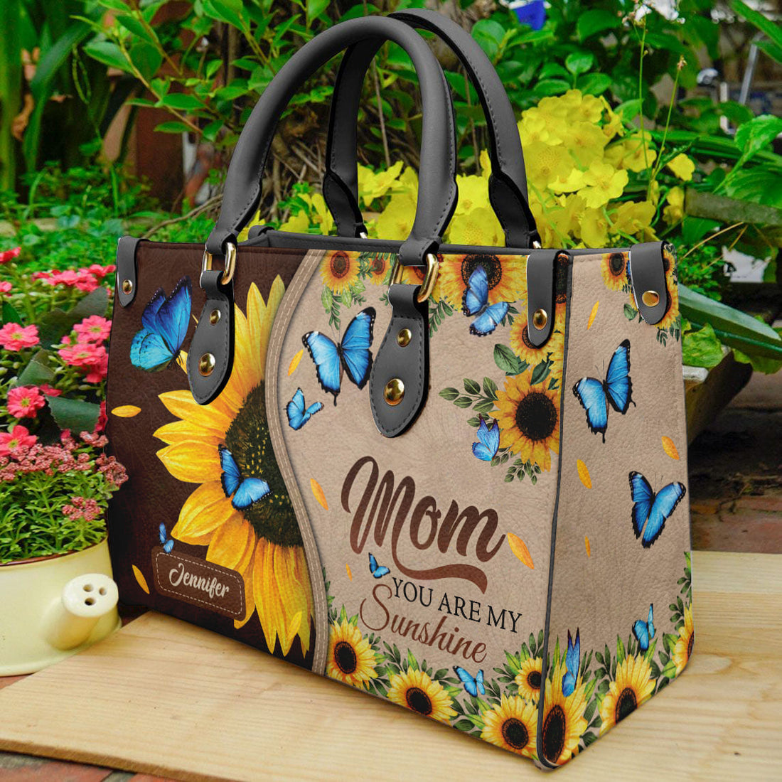 HB86 - Custom Name Sunflower Christian Handbag – Be Still and Know That I Am God – Psalm 46:10 Leather Tote Bag for Women