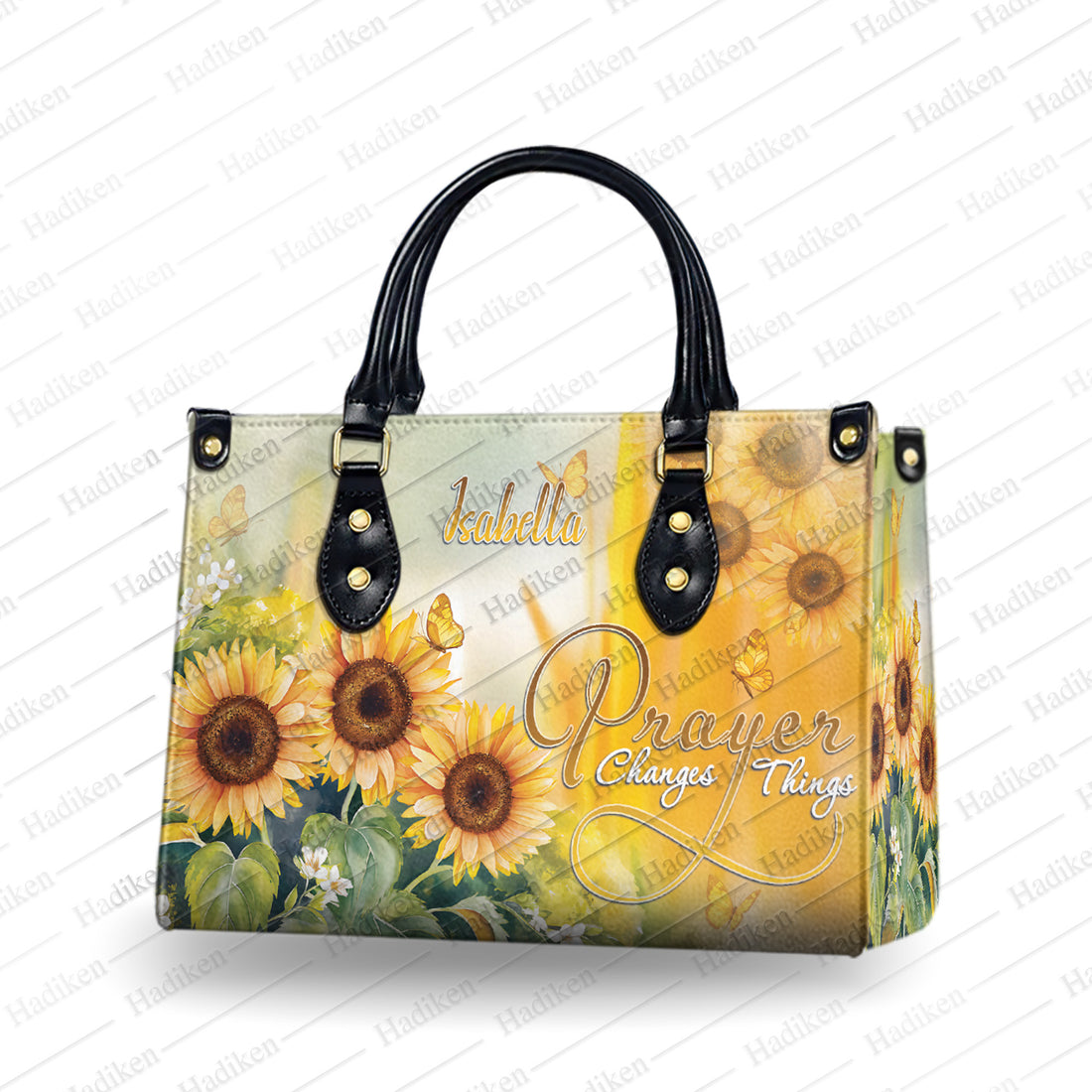 HB89 - Custom Name Christian Handbag - Sunflower Faith Purse with “Prayer Changes Things” Quote - Religious Gift for Women