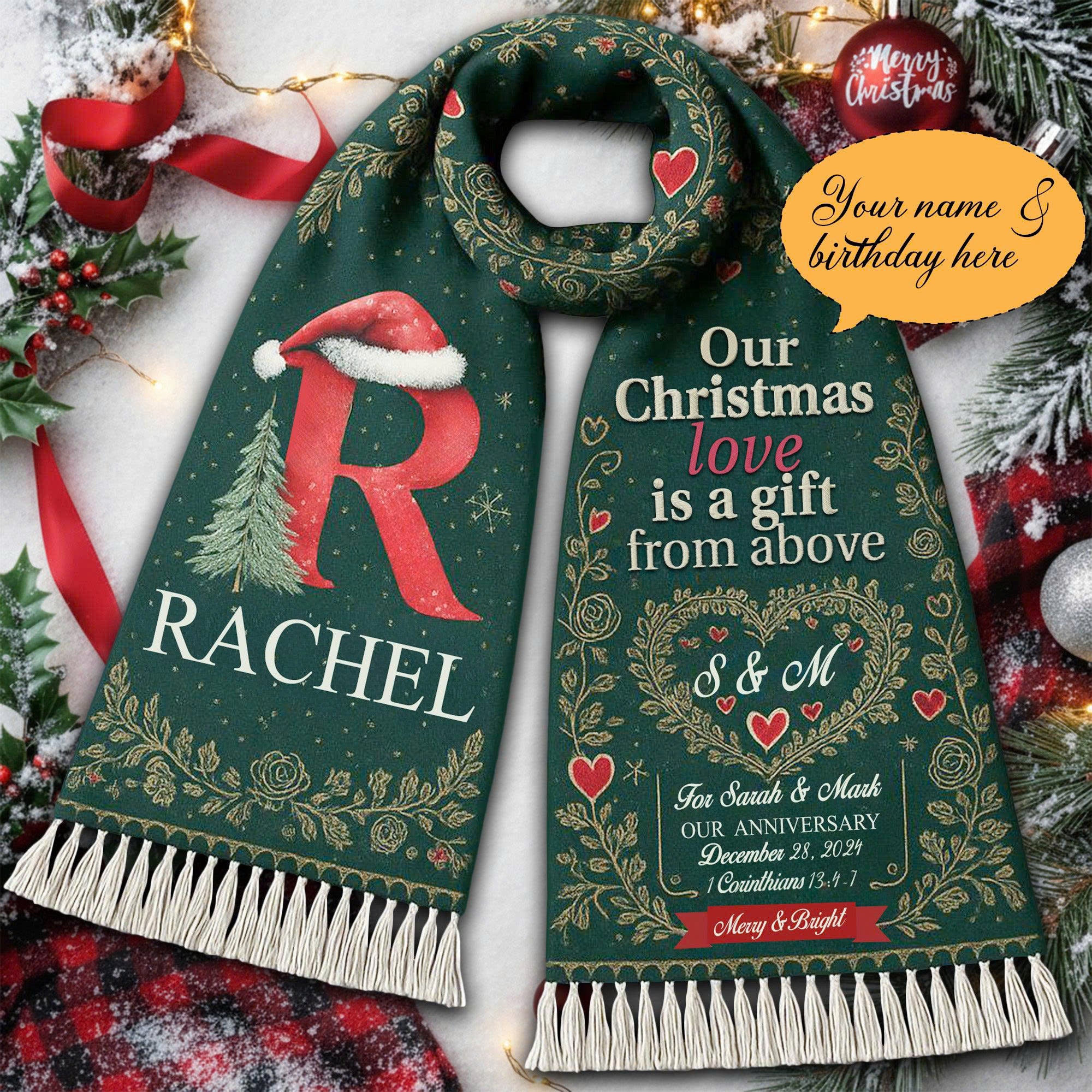 Personalized Christmas Scarf with Initial – Custom Name Scarf for Couple, Holiday Love Gift, Cozy Winter Highland Cow Style|SCR02